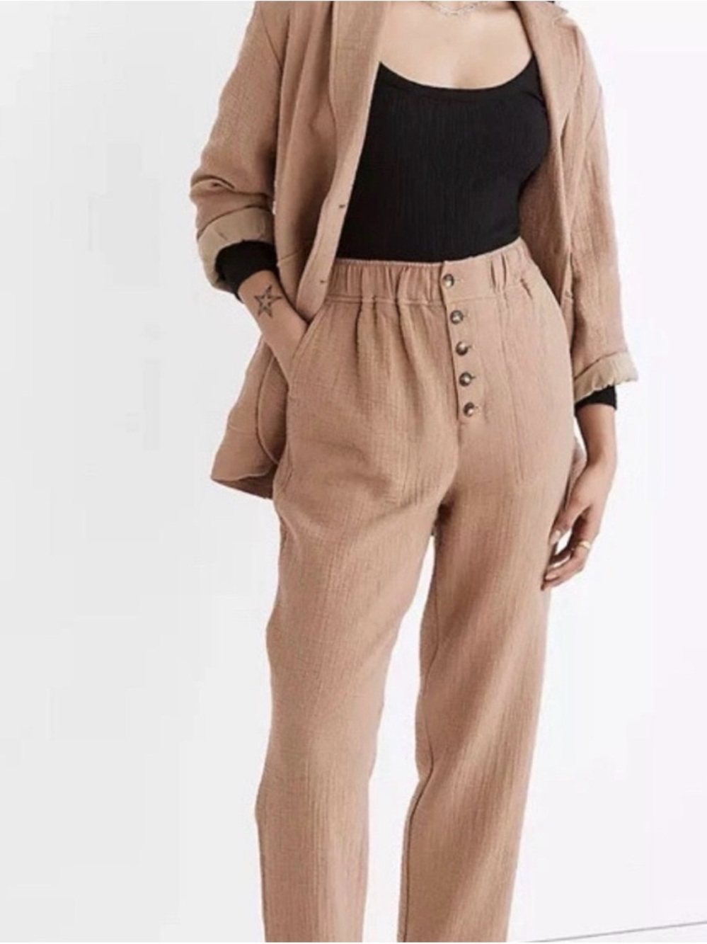 Madewell Gauze Cotton Linen High-Waist Button-Front Elastic Waist Pants in Tan
